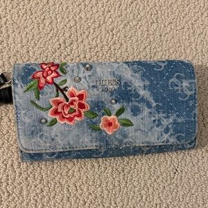 GUESS Denim Wallet with Red Floral Embroidery